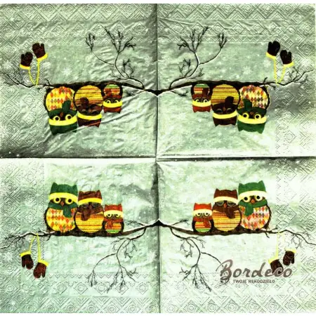 Serwetka do decoupage trzy sówki na gałązce i rękawiczki 33x33 PIXIE Unikat